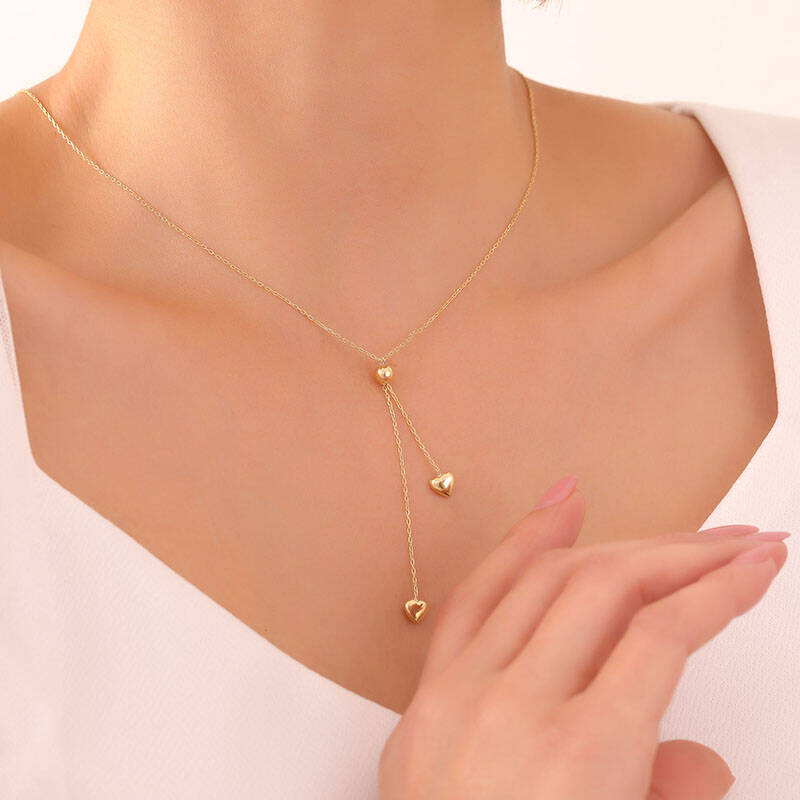 925 Ayar Gümüş Sallantılı Asansörlü Çift Kalp Kolye  - 1