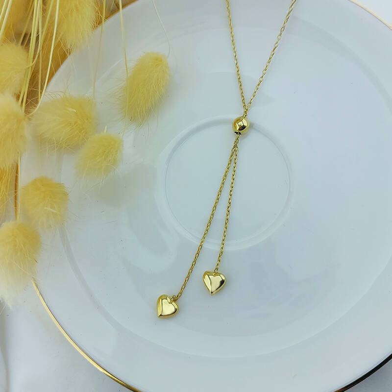 925 Ayar Gümüş Sallantılı Asansörlü Çift Kalp Kolye  - 2