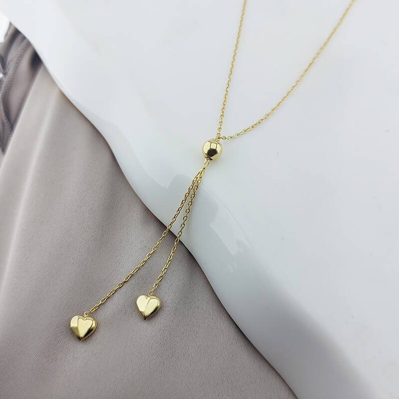 925 Ayar Gümüş Sallantılı Asansörlü Çift Kalp Kolye  - 4