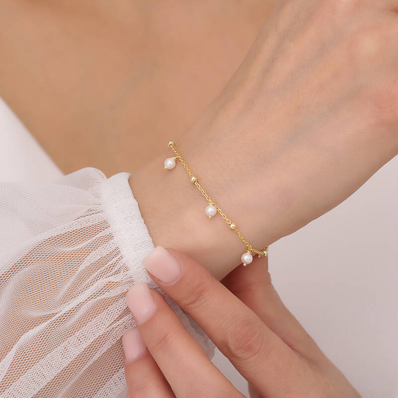 925 Ayar Gümüş Sallantılı İnci Bileklik - 1