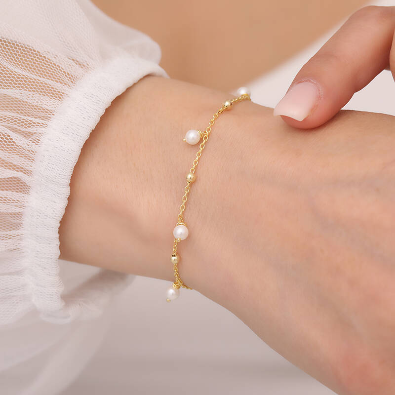 925 Ayar Gümüş Sallantılı İnci Bileklik - 2