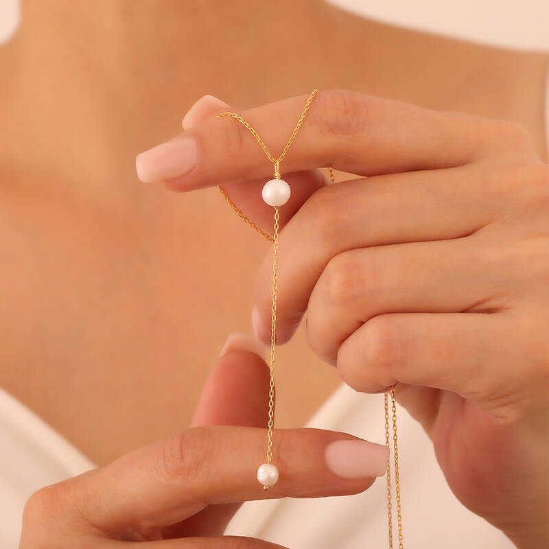 925 Ayar Gümüş Sallantılı Kravat İnci Kolye - 2