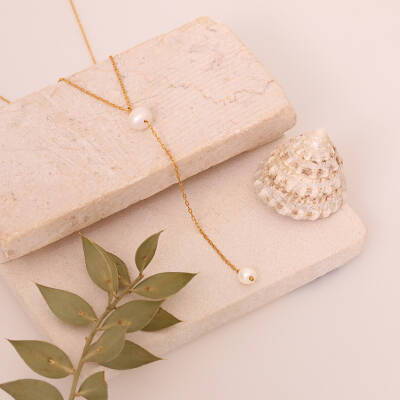 925 Ayar Gümüş Sallantılı Kravat İnci Kolye - 3