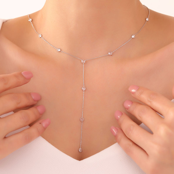925 Ayar Gümüş Sallantılı Taşlı Choker Kolye - 0