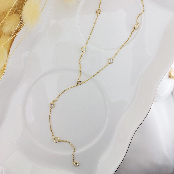 925 Ayar Gümüş Sallantılı Taşlı Gold Kolye - 2