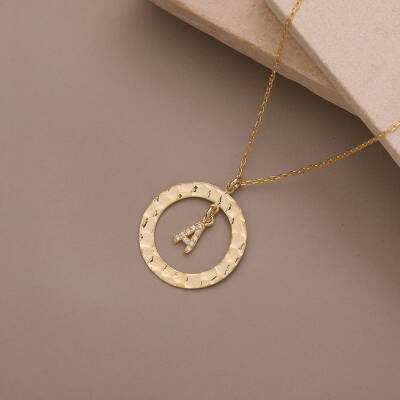 925 Ayar Gümüş Taşlı Harfli Dokulu Çerçeve Kolye - 3