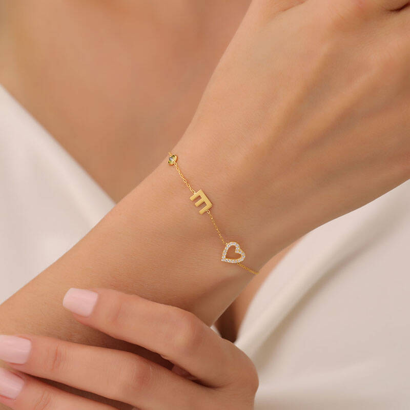 925 Ayar Gümüş Taşlı Kalp ve Harf Bileklik - 1