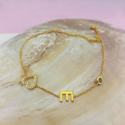 925 Ayar Gümüş Taşlı Kalp ve Harf Bileklik - 4