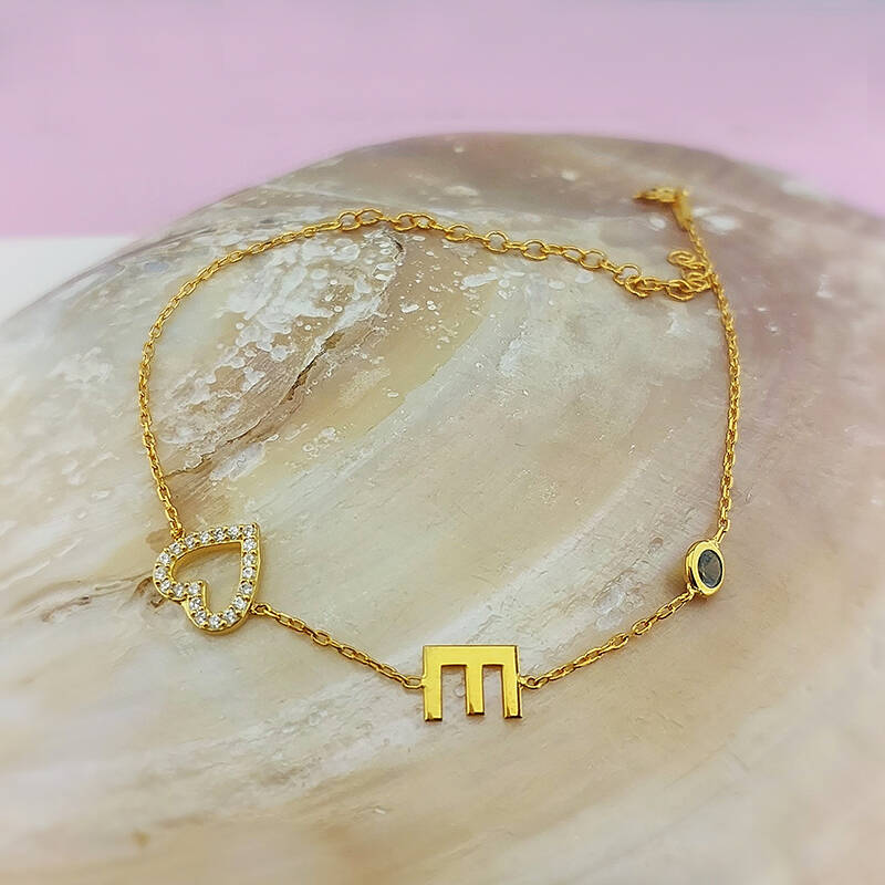 925 Ayar Gümüş Taşlı Kalp ve Harf Bileklik - 4