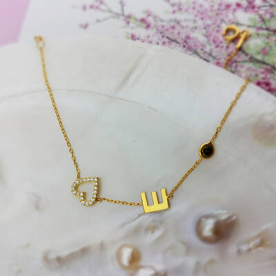 925 Ayar Gümüş Taşlı Kalp ve Harf Bileklik - 5