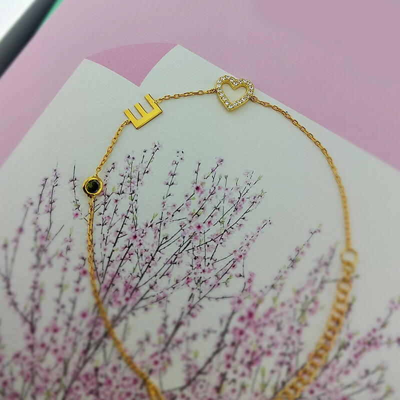 925 Ayar Gümüş Taşlı Kalp ve Harf Bileklik - 6