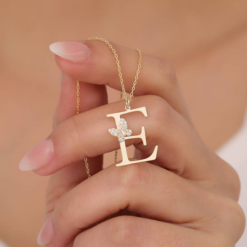 925 Ayar Gümüş Taşlı Kelebekli Harf Kolye - 1