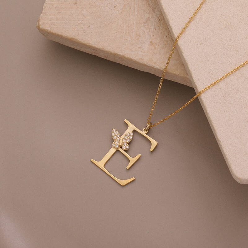 925 Ayar Gümüş Taşlı Kelebekli Harf Kolye - 3