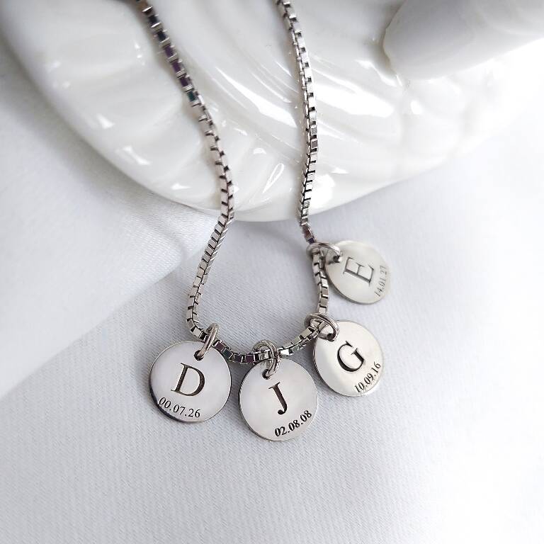 925 Ayar Gümüş Venezia Zincirli Dört Plaka Harf ve Tarih Kolye - 1