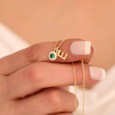 925 Ayar Gümüş Yeşil Taşlı Harf Kolye - 2