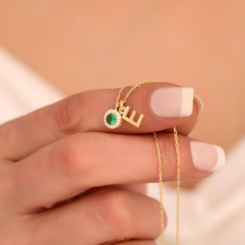 925 Ayar Gümüş Yeşil Taşlı Harf Kolye - 2