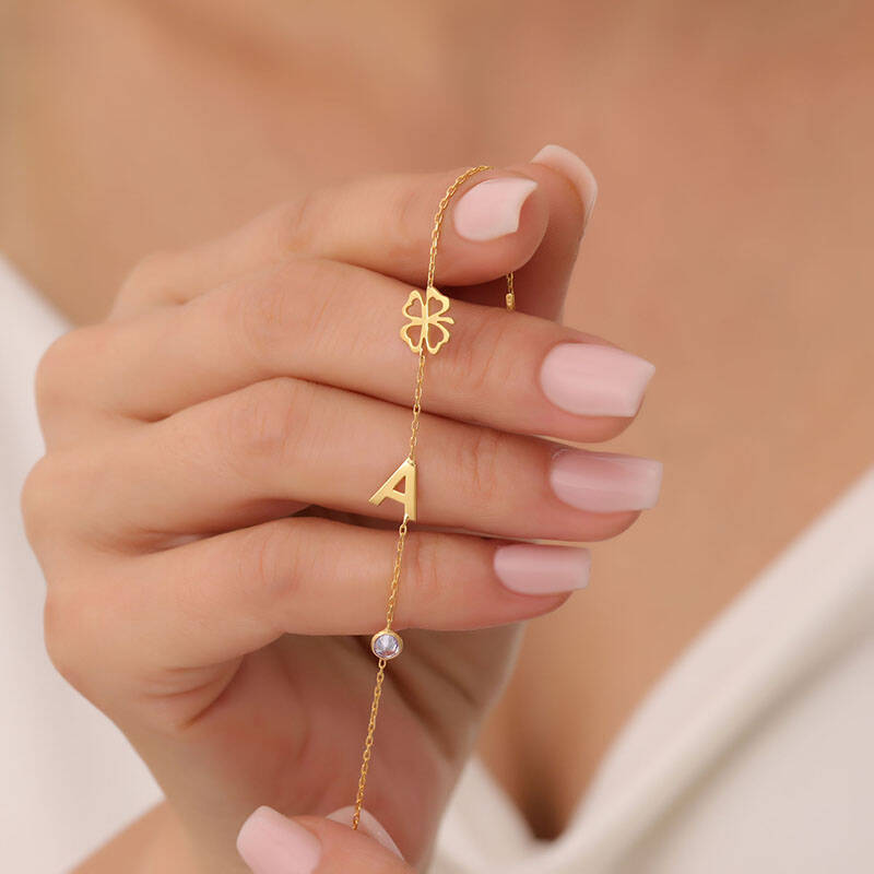 925 Ayar Gümüş Yonca Harf ve Taşlı Şans Bileklik - 2