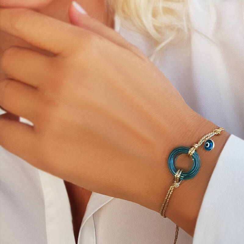 El Yapımı Cam Gümüş Nazarlı Bileklik   - 1