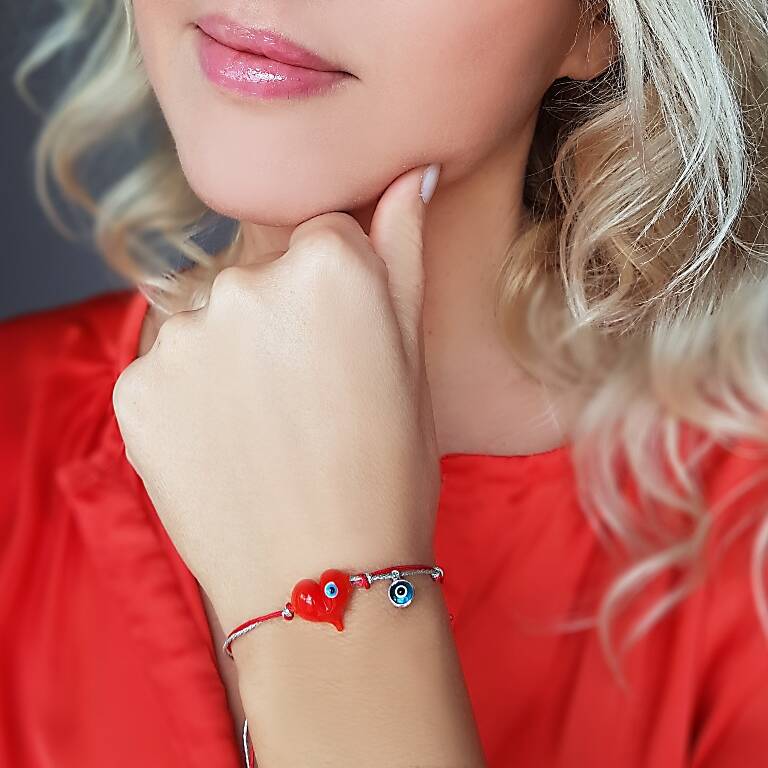 El Yapımı Murano Camı Nazarlı Kalp Bileklik - 1