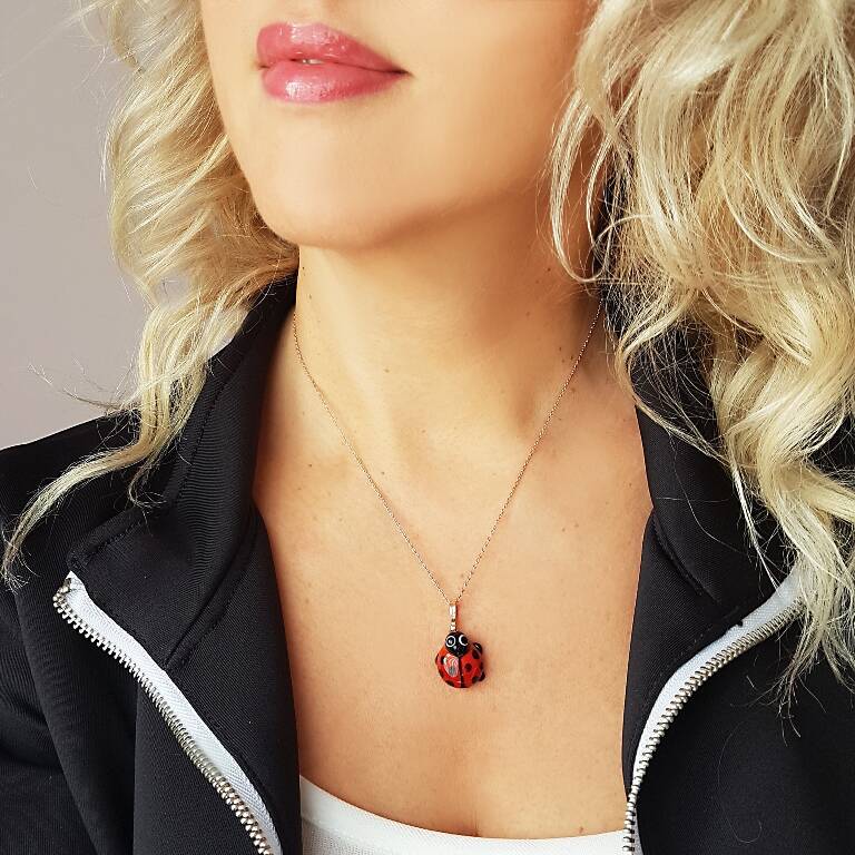 El Yapımı Murano Camı Uğur Böceği Gümüş Kolye  - 2