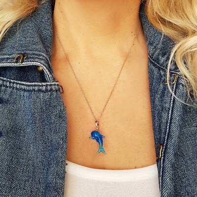 El Yapımı Murano Camı Yunus Balığı Gümüş Kolye   - 2