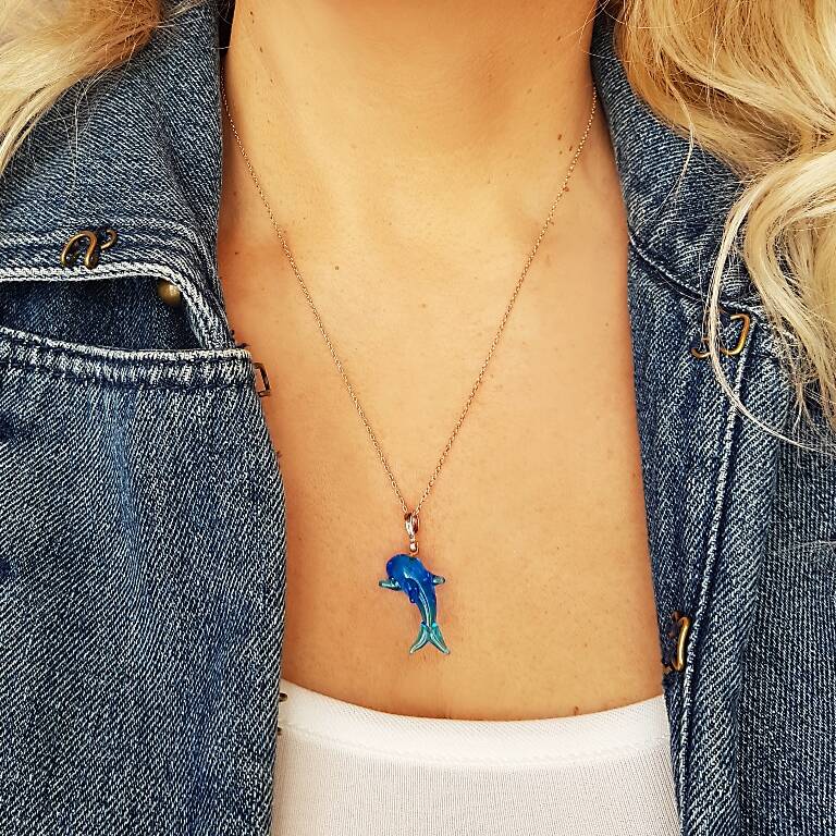 El Yapımı Murano Camı Yunus Balığı Gümüş Kolye   - 2