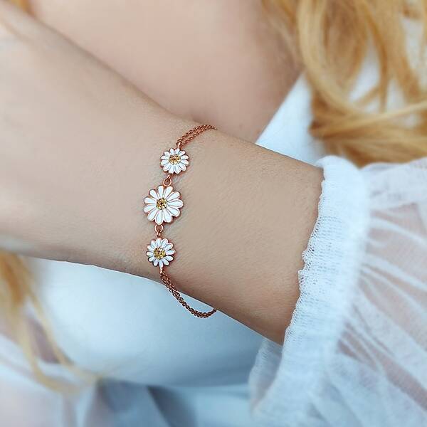 Kadın Mineli 925 Gümüş Papatya Bileklik - 1