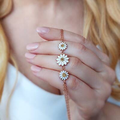 Kadın Mineli 925 Gümüş Papatya Bileklik - 2