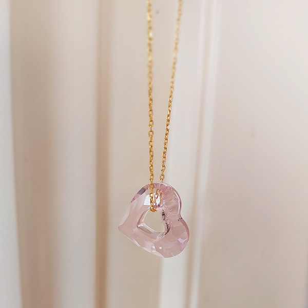 Pembe Swarovski Taşlı Kalp Gümüş Kolye - 1