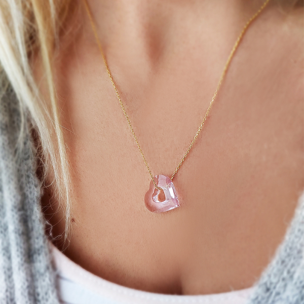 Pembe Swarovski Taşlı Kalp Gümüş Kolye - 0