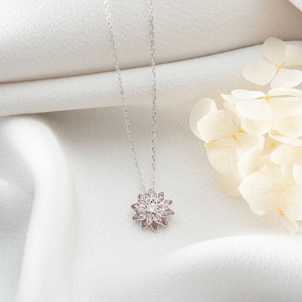 Vaoov 925 Ayar Gümüş Pembe Taşlı Lotus Hediye Kolye - 1