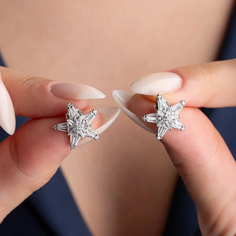 Vaoov 925 Ayar Gümüş Baget Taşlı Yıldız Küpe - 1