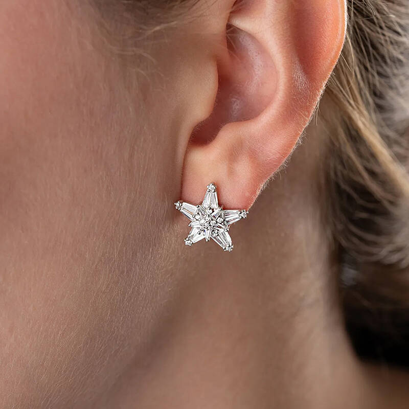 Vaoov 925 Ayar Gümüş Baget Taşlı Yıldız Küpe - 4