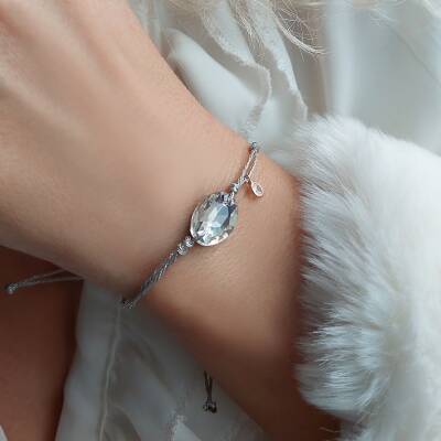 Vaoov 925 Ayar Gümüş Beyaz Taşlı İpli Bileklik  