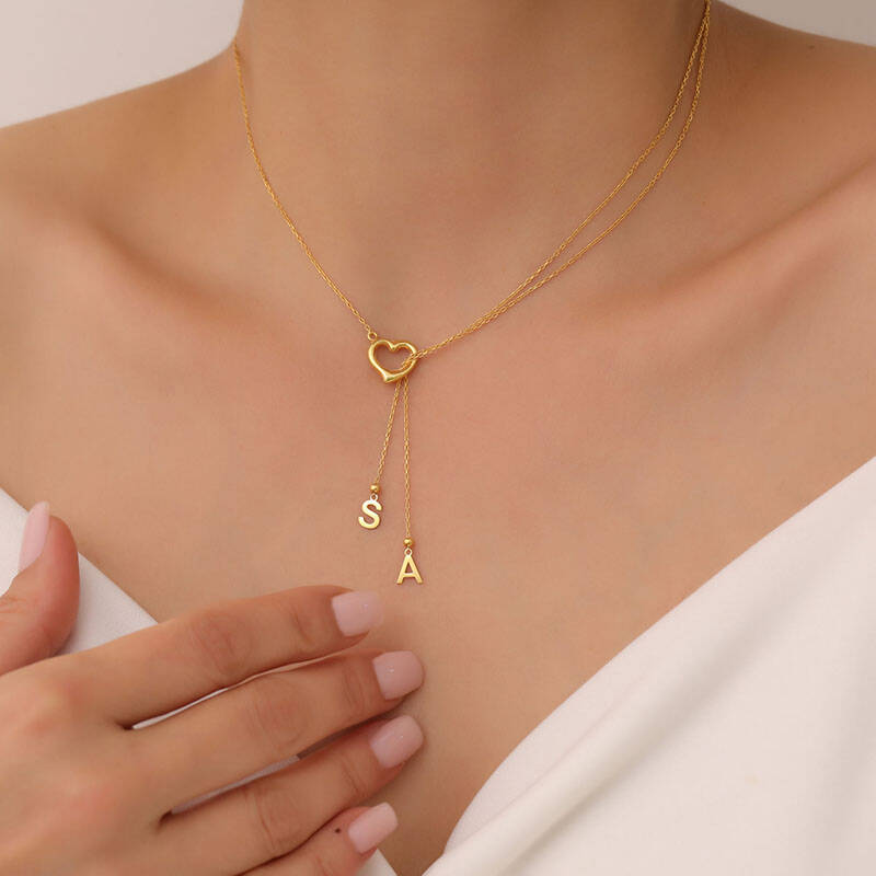 Vaoov 925 Ayar Gümüş Çift Harfli Sallantılı Kalp Kolye - 1