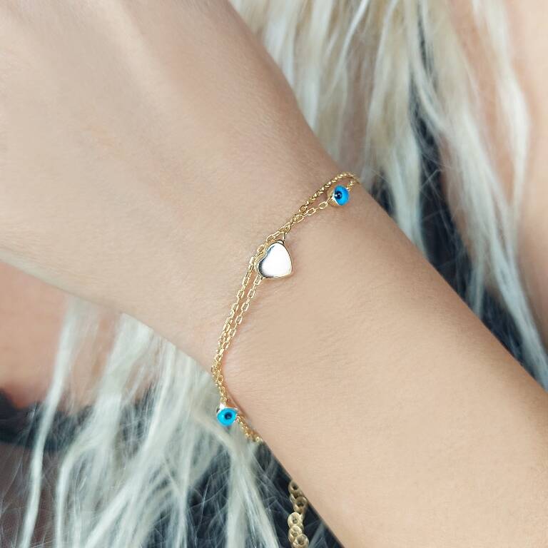 Vaoov 925 Ayar Gümüş Çift Sıra Zincirli Kalp Nazar Bileklik - 1