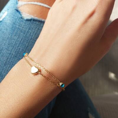 Vaoov 925 Ayar Gümüş Çift Sıra Zincirli Kalp Nazar Bileklik - 2