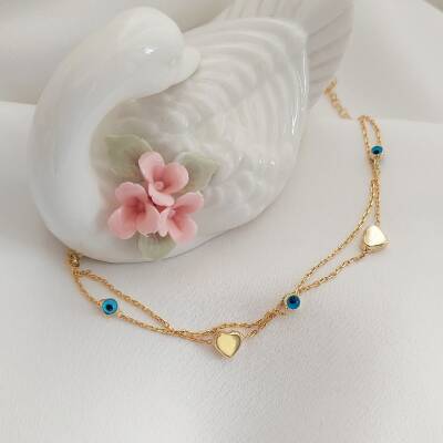 Vaoov 925 Ayar Gümüş Çift Sıra Zincirli Kalp Nazar Bileklik - 3