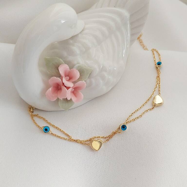 Vaoov 925 Ayar Gümüş Çift Sıra Zincirli Kalp Nazar Bileklik - 3