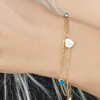 Vaoov 925 Ayar Gümüş Çift Sıra Zincirli Kalp Nazar Bileklik - 4