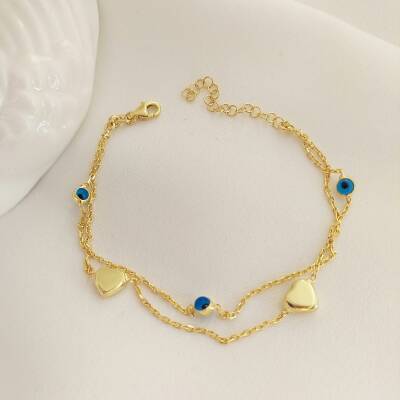 Vaoov 925 Ayar Gümüş Çift Sıra Zincirli Kalp Nazar Bileklik - 6