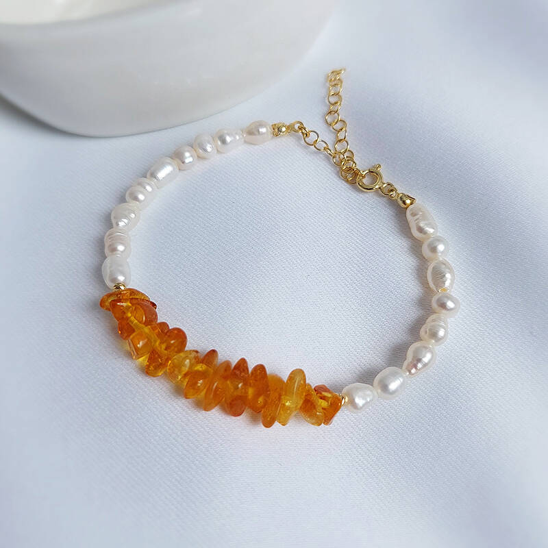 Vaoov 925 Ayar Gümüş Doğal Kehribar ve İnci Bileklik - 1