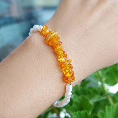 Vaoov 925 Ayar Gümüş Doğal Kehribar ve İnci Bileklik - 2