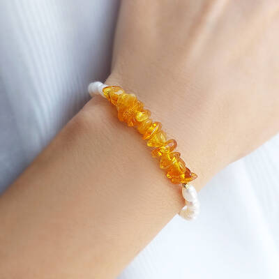 Vaoov 925 Ayar Gümüş Doğal Kehribar ve İnci Bileklik - 3