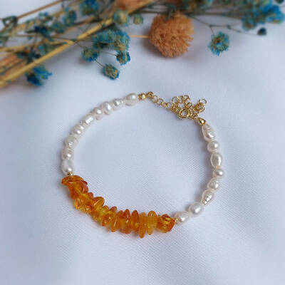 Vaoov 925 Ayar Gümüş Doğal Kehribar ve İnci Bileklik - 4