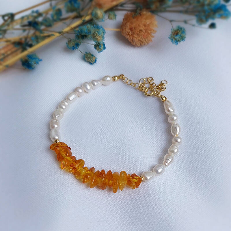 Vaoov 925 Ayar Gümüş Doğal Kehribar ve İnci Bileklik - 4