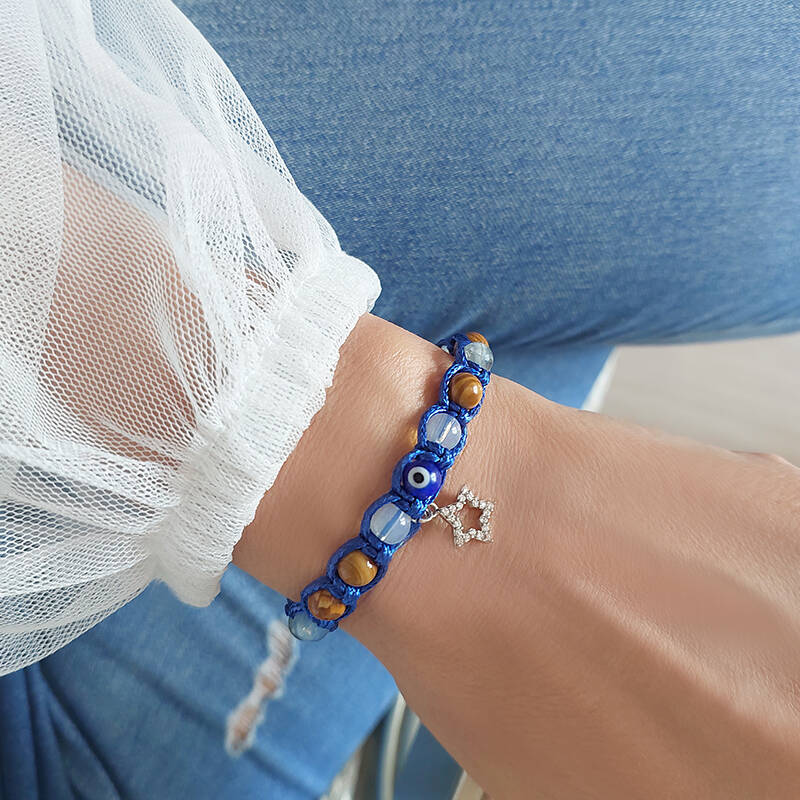 Vaoov 925 Ayar Gümüş Doğal Taşlı Nazara Karşı Enerji Bilekliği  - 1