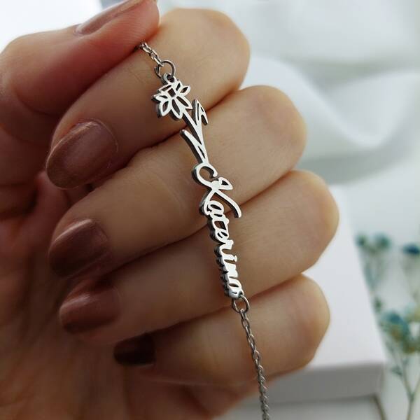 Vaoov 925 Ayar Gümüş Doğum Çiçeği İsimli Bileklik - 2