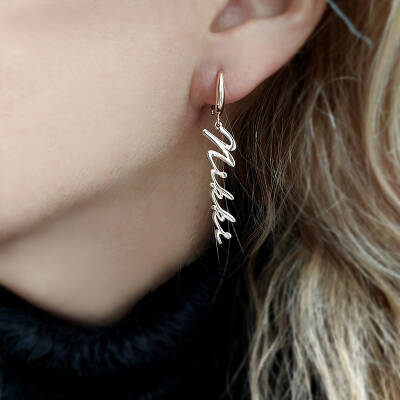 Vaoov 925 Ayar Gümüş El Yazısı İsim Dikey Küpe - 3