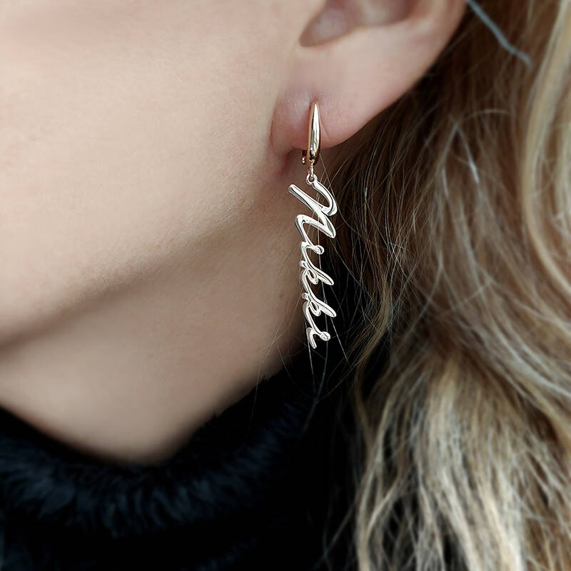 Vaoov 925 Ayar Gümüş El Yazısı İsim Dikey Küpe - 3